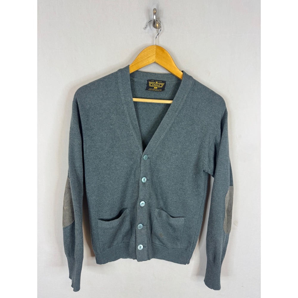 Vintage Eagle 100% Cashmere Cardigan Blue Gray Elbow Patches V-Neck Sweater